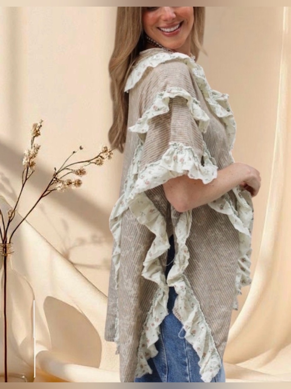 #1267 Oli & Hali Ruffled button down blouse / kimono / Kaftan in Light Taupe - Picture 5 of 9